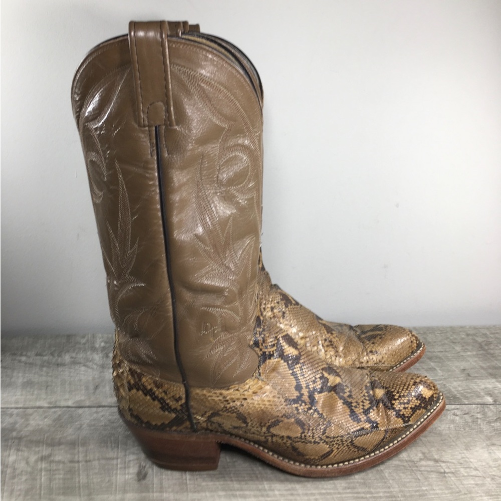 Vtg Dan Post Mens Snake Skin Leather Cowboy Western Rancher Stacked Heel Boots 8